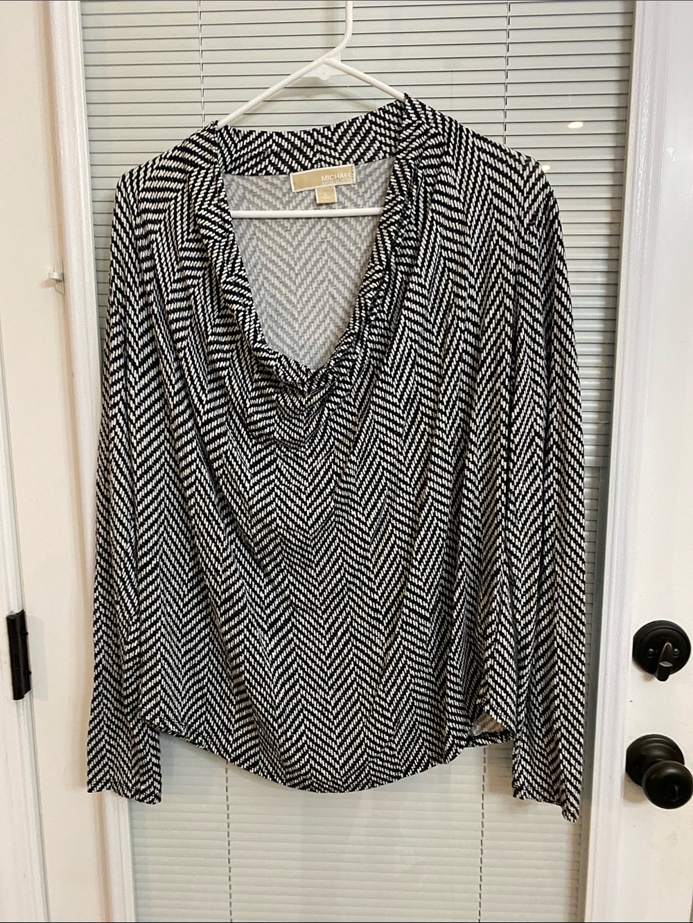 Michael Kors Black & White Chevron Cowl-Neck Long Sleeve Top